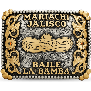 A custom belt buckle for men featuring a golden bronze mariachi hat figure with lettering that says Mariachi Jalisco Baile La Bamba